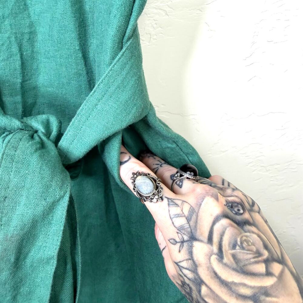 J.Crew Emerald Green Linen Blend Belted Button Front Short Sleeve Shirtdress - Picture 5 of 9